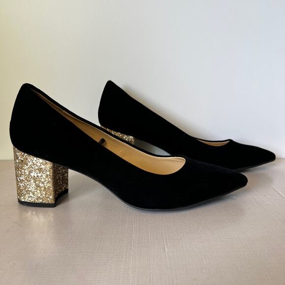 Liz Claiborne Black Velvet Gold Glitter Block Heels Pointed Toe Womens Size 9 - Picture 2 of 7